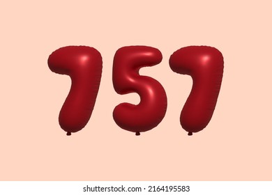 757 3d number balloon made of realistic metallic air balloon 3d rendering. 3D Red helium balloons for sale decoration Party Birthday, Celebrate anniversary, Wedding Holiday. Vector illustration