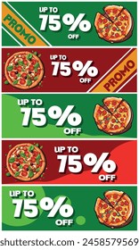 75OFF, pack with 5 discount coupons for purchasing pizzas, colors green and red. 75 percent OFF