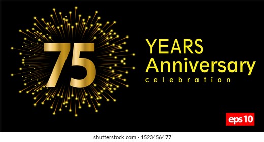 75st year anniversary celebration gold number with fireworks on dark background. vector illustration