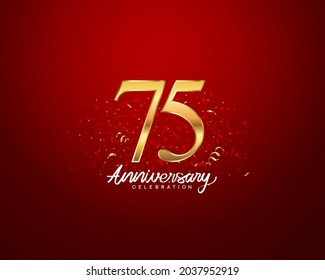 Antecedentes del 75º aniversario con número 3D ilustración números dorados y texto de celebración del aniversario con confeti dorado sobre fondo rojo.
