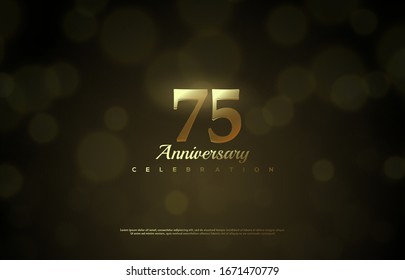 75th anniversary background with illustrations of gold colored figures and golden light effects.