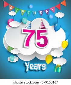 75th Anniversary Celebration Design, with clouds and balloons, confetti. Vector template elements for your, seventy five years birthday celebration party.