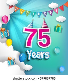 75th Anniversary Celebration Design, with clouds and balloons. using Paper Art Design Style, Vector template elements for your, seventy five years birthday celebration party.