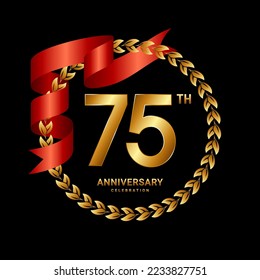 75th Anniversary Celebration. Anniversary Logo Design with Laurel Wreath and Red Ribbon for Celebration Event, Wedding, Invitation, Greeting Card. Logo Vector Illustration