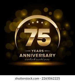Celebración del 75° Aniversario. Diseño de logotipos con anillo de oro y texto para la celebración del aniversario, invitación, boda, tarjeta de saludo, banner, afiche, volante, folleto. Plantilla de vectores de logotipos