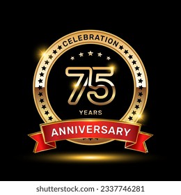 75th anniversary celebration logo design with golden color emblem style and red ribbon, vector template