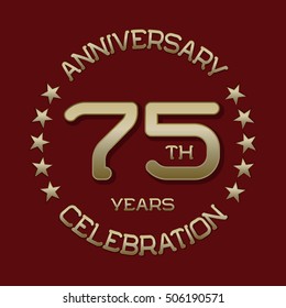 75th anniversary celebration logo symbol. Golden circular editable emblem on red.