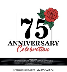 Celebración del 75º aniversario logo diseño vectorial con flor rosa roja con fuente de color negro sobre fondo blanco abstracto  