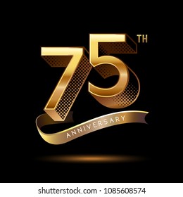75th Anniversary celebration logotype colored with shiny gold, using ribbon and isolated on black background