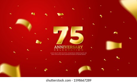75th anniversary celebration vector red background. Golden numbers with shadow and sparkling confetti modern and elegant design for wedding party event decoration.