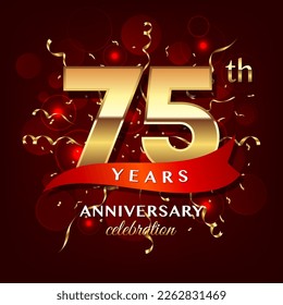 75th Anniversary logo design with golden numbers and red ribbon for anniversary celebration event, invitation, wedding, greeting card, banner, poster, flyer, brochure, book cover. Logo Vector Template
