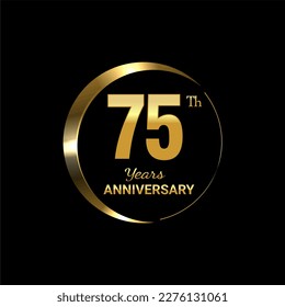 75th Anniversary logo design with golden number and text for anniversary celebration event, invitation, wedding, greeting card, banner, poster, flyer, brochure, book cover. Logo Vector Template.
