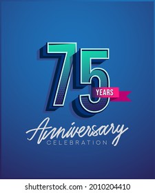 75th Anniversary Logo Design With Ribbon, Elegant Anniversary Logo With Blue Color, Design for banner and invitation card of anniversary celebration.