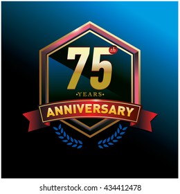 75th anniversary logo with gold ring and red ribbon. Anniversary signs illustration. Gold anniversary logo design and illustration