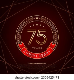 75th anniversary logo with golden laurel wreath and double line numbers, logo design for anniversary celebration event, double line style vector design