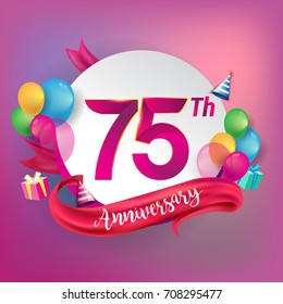 75th Anniversary logo with ribbon, balloon, and gift box isolated on circle object and colorful background