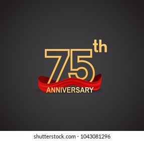 75th anniversary logotype design with line golden color and red ribbon for celebration isolated on dark background