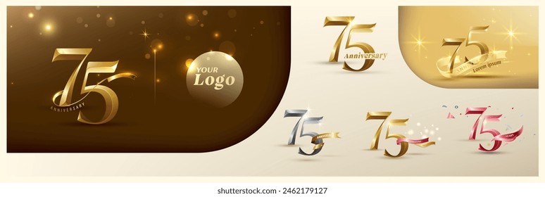 75th anniversary logotype modern gold number with shiny ribbon. alternative logo number Golden anniversary celebration