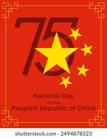 75° aniversario del Día Nacional de la República de China de las Personas. Afiche de saludo del Día de la Independencia. Grande número 75 sobre fondo rojo con estrellas amarillas que se parecen a la bandera de China. Diseño para logotipo, tarjeta