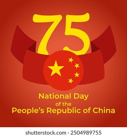 75º Aniversario Día Nacional de las Personas República de China. Tarjeta de felicitación del Día de la Independencia. Grande número amarillo 75 y bandera china sobre fondo degradado. Diseño para logotipo, Web, impresión, redes sociales