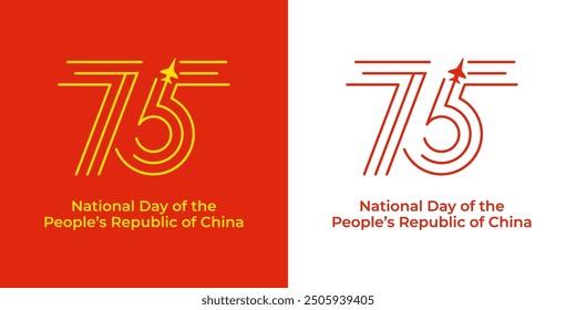 75th Anniversary National Day of the People's Republic of China. Independence Day greeting card. Number 75 are drawn as aircraft trails on red and white backdrop. Design for logo, web, poster, print