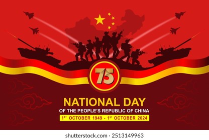 Banner do 75º Aniversário do Dia Nacional da República Popular da China 1º de outubro de 2024 com 75 logotipos e silhueta ilustração do poder militar. Dia Nacional da China 2024