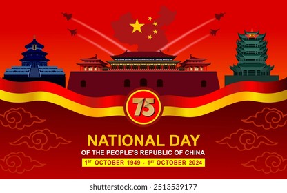 75th Anniversary of People's Republic of China National Day 1st October 2024 banner with 75 logos and famous landmarks illustration. China national day 2024