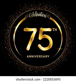 75th Anniversary. Perfect logo design to celebrate Anniversary with gold color ring, For greeting card, invitation card, flyer, banner, poster, vector illustration