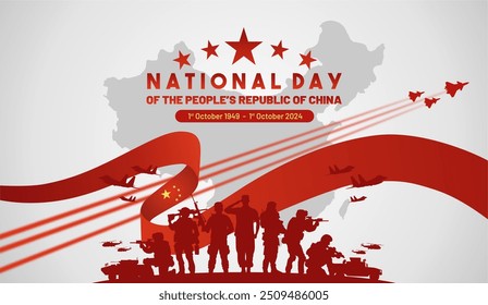 75th Anniversary of Poeple’s Republic of China National Day 1st october 2024 banner with 75 logo and military power illustration. China national day 2024 background, banner, poster, template.