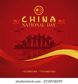 75th Anniversary of Poeple’s Republic of China National Day 2024 greeting design with 75 logo ,3D flag, military power illustration. China national day 2024 background, banner, poster, template. 