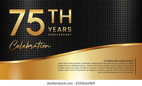 75th anniversary template design in gold color isolated on a black and gold texture background, vector template