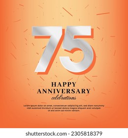 Plantilla vectorial de 75 años con un número blanco y confetti esparcidos en un fondo naranja