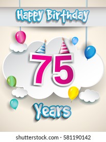 75th birthday Celebration Design, with clouds and balloons. Design greeting card and invitation for the celebration party of seventy five years anniversary