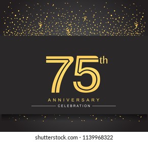 75th golden anniversary celebration logotype with confetti golden color isolated on black background, vector design for greeting card and invitation card
