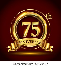 75th golden anniversary logo, seventy five years birthday celebration with gold ring and golden ribbon.