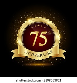 75th golden anniversary logo, with shiny ring and golg ribbon, isolated on black background, vector design