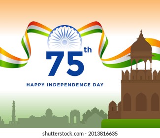 75th Independence day of India greeting with tricolor Indian flag. 15th August template for website and social media.