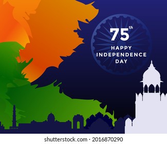 75th Independence day of India greeting with tricolor Indian flag. Abstract 15th August graphic for website and social media.