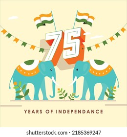 75th Independence day with two elephants facing each other, Indian Flag, and typography, elements of India