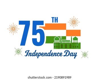 75th Indian Independence Day Concept With Indian National Flag, Red Fort and Fireworks on White Background.