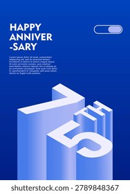 75th Modern anniversary poster template featuring a bold 3d isometric number on a vibrant blue background.