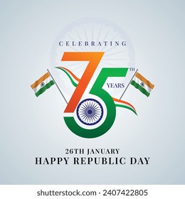 75th Republic Day design on January 26th, including Indian jets and historical illustrations of monuments. Republic Day vector artwork and social media post for India