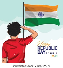 75th republic day of india celebrations. vector illustration of a boy saluting indian flag