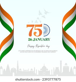 75th Republic day wishes with indian flag and ashoka chakra vector design Illustration of Happy Republic Day Vector with Creative Text. 26 January. Greeting Card Design