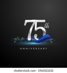 Logo del 75º aniversario de plata con cinta azul aislada en fondo elegante, brillo, diseño vectorial para tarjeta de felicitación y tarjeta de invitación.