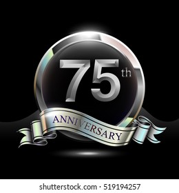 75th silver anniversary logo, vector celebration design with ring and ribbon.