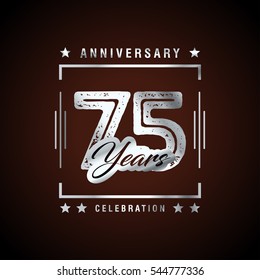 75th Silver grunge anniversary logo, laurel wreath isolated on brown background, vector design