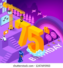 75th year Anniversary Celebration concept with characters. Flat isometric vector illustration