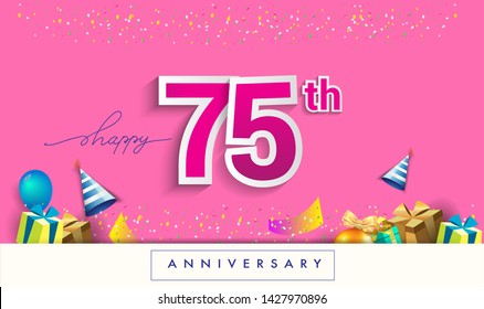 75th Years Anniversary Celebration Design, with gift box and balloons, ribbon, Colorful Vector template elements for your birthday celebrating party.