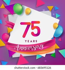 75th Years Anniversary Celebration Design, balloons and ribbon, Colorful design elements for banner, invitation, greeting card your seventy five birthday celebration party.